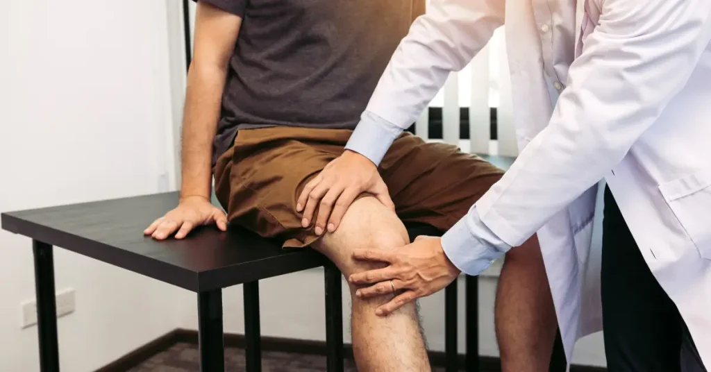 A doctor examines a patient's knee during a medical consultation. The patient is sitting on an examination table wearing brown shorts, while the doctor, dressed in a white lab coat, gently checks the knee for signs of injury or arthritis.