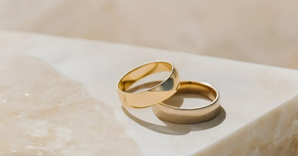 Two gold wedding bands rest on a light marble surface, with one ring leaning against the other. The image is softly lit, evoking themes of marriage, commitment, or partnership.