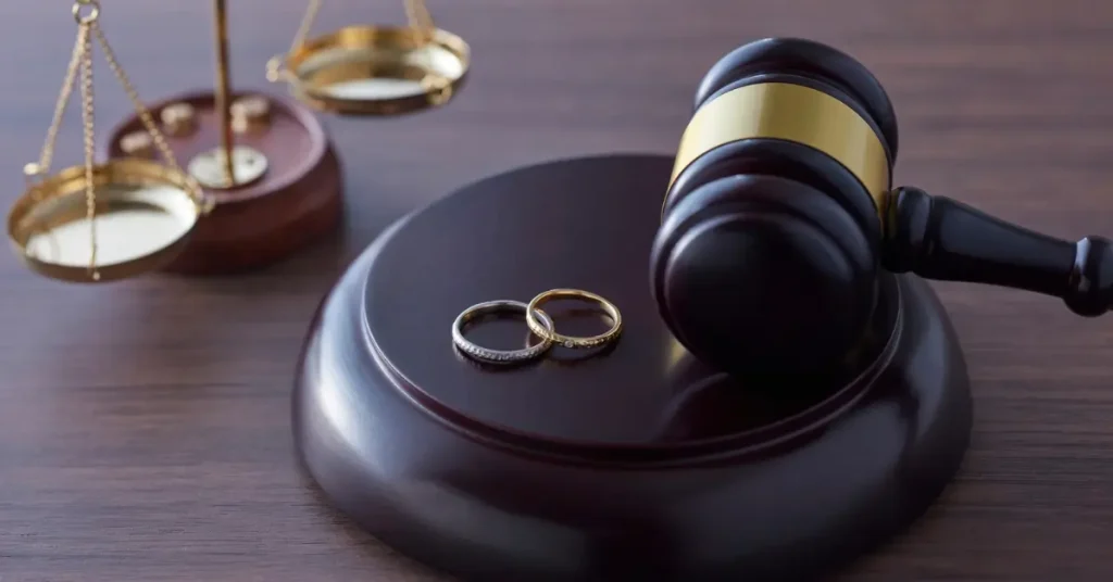 Two wedding rings rest on a judge's gavel base, with a wooden gavel and brass scales of justice nearby. The image symbolizes the legal aspects of marriage, such as court rulings, divorce, or legal rights and responsibilities in a marital context.